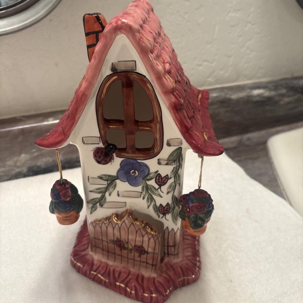 Ceramic 3-Story Floral Cottage with Hanging Pots Tea Light Candle Holder Sm Chip